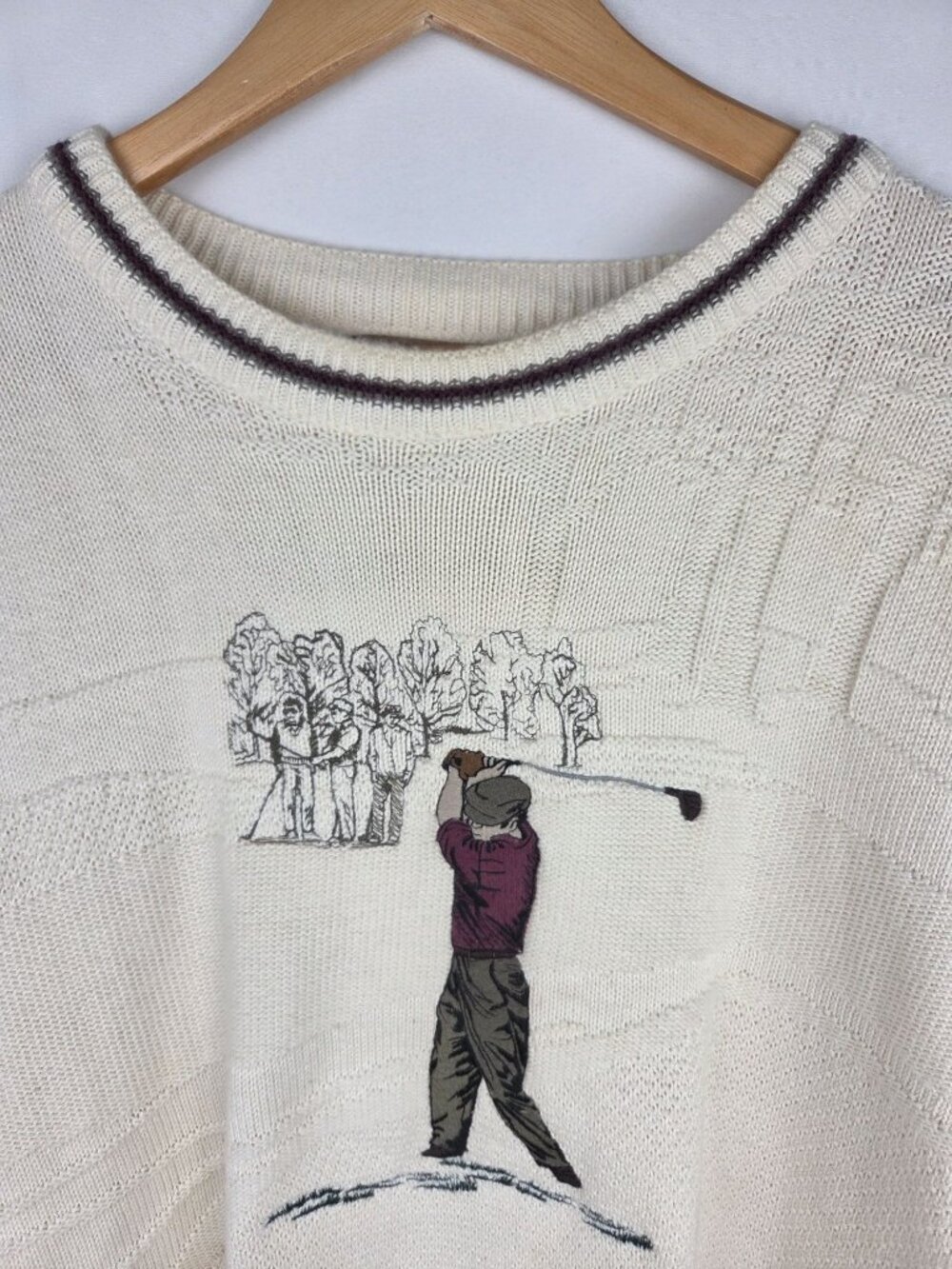 VTG Shenandoah Golf Sweater Mens Sz M Ivory Textured 3D Knit Embroidered 90s - Picture 4 of 11